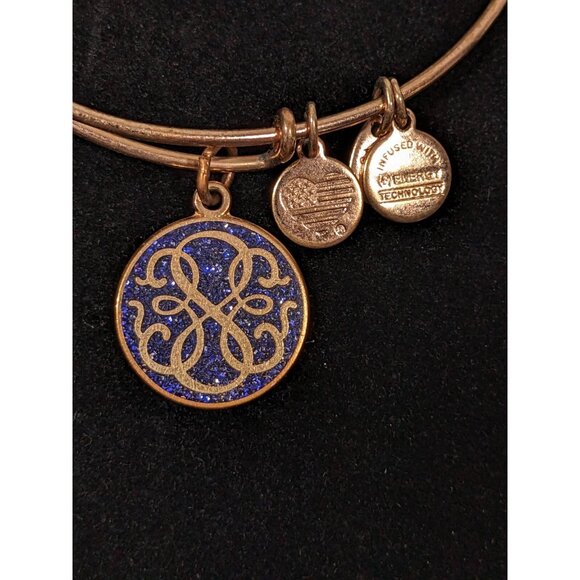 Alex Ani Blue Glitter Monogram Gold Tone Charm Expandable Bangle Bracelet 8 inch - Picture 1 of 9